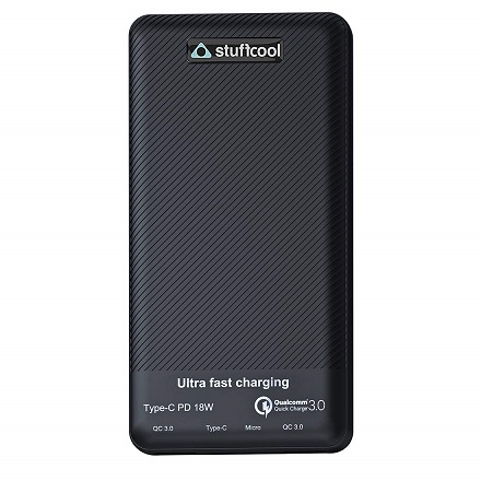 Stuffcool Type C 18W Power delivery 10000 mAh Li Polymer Power Bank with Qualcomm Quick Charge 3.0 (QC3.0) Certified Textured Housing - Black